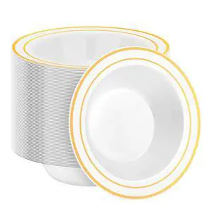 100 Pack Disposable Soup Bowls with Gold Rim, 12oz Premium Heavy Duty Plastic Dinner Bowls for Party, Wedding and Holiday 100 Pack Disposable Soup Bowls with Gold Rim, 12oz Premium Heavy Duty Plastic Dinner Bowls for Party, Wedding and Holiday