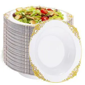 100PCS Gold Plastic Bowls - 12 oz White Disposable Salad Bowls - Heavy Duty Soup Serving Bowl - Fancy Plastic Ice Cream Bowl for Parties, Dinners, Catering, Picnics 100PCS Gold Plastic Bowls - 12 oz White Disposable Salad Bowls - Heavy Duty Soup Serving Bowl - Fancy Plastic Ice Cream Bowl for Parties, Dinners, Catering, Picnics