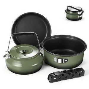 5pcs Camping Cookware Non-Stick Camping Pot and Pan Set with Kettle and Removable Handle for Hiking Backpacking and Picnic(Green) 5pcs Camping Cookware Non-Stick Camping Pot and Pan Set with Kettle and Removable Handle for Hiking Backpacking and Picnic(Green)