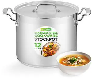 12-Quart Stainless Steel Stockpot with Stainless Steel Lid - 18/8 Food Grade Heavy Duty Large Stock Pot for Stew & Soup, Works w/Induction 12-Quart Stainless Steel Stockpot with Stainless Steel Lid - 18/8 Food Grade Heavy Duty Large Stock Pot for Stew & Soup, Works w/Induction