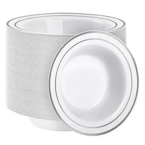 100 Pack Plastic Bowls with Silver Rim, 12oz Disposable Soup Bowls, Heavy Duty Dessert Bowls for Weddings, Parties, Dinners, Catering, and Everyday Use 100 Pack Plastic Bowls with Silver Rim, 12oz Disposable Soup Bowls, Heavy Duty Dessert Bowls for Weddings, Parties, Dinners, Catering, and Everyday Use
