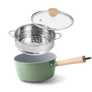 Ceramic Nonstick Sauce Pan, 3 QT Pot with Steamer, Non Toxic & PFAS-Free, Wooden Handle for Cool Touch, Universal Base(Gas, Electric & Induction), Green Ceramic Nonstick Sauce Pan, 3 QT Pot with Steamer, Non Toxic & PFAS-Free, Wooden Handle for Cool Touch, Universal Base(Gas, Electric & Induction), Green