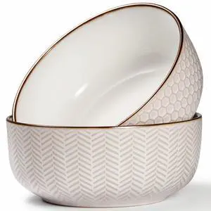 Ceramic Salad Bowls, Embossed Large Kitchen Bowls, For Serving Pasta, Soup, Fruits, Microwave and Dishwasher Safe, Cream with Dark Copper Accents, Set of 2, 60 oz, Narbonne Collection Ceramic Salad Bowls, Embossed Large Kitchen Bowls, For Serving Pasta, Soup, Fruits, Microwave and Dishwasher Safe, Cream with Dark Copper Accents, Set of 2, 60 oz, Narbonne Collection