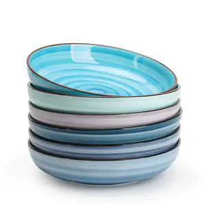 Large Pasta Bowls 34 oz, Ceramic Salad Serving Bowls Set of 6, 8.6 Inch Wide and Shallow for Soup- Dishwasher and Microwave Safe, Assorted Cool Colors Large Pasta Bowls 34 oz, Ceramic Salad Serving Bowls Set of 6, 8.6 Inch Wide and Shallow for Soup- Dishwasher and Microwave Safe, Assorted Cool Colors
