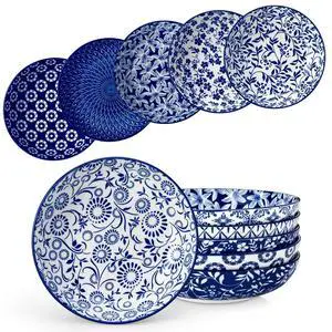Selene 8.5" Pasta Bowls Set of 6, 40 oz Porcelain Shallow Salad Bowls, Serving Bowls Large Kitchen Bowl Plates Pasta Plates, Blue & White Floral Design, Microwave Safe Selene 8.5" Pasta Bowls Set of 6, 40 oz Porcelain Shallow Salad Bowls, Serving Bowls Large Kitchen Bowl Plates Pasta Plates, Blue & White Floral Design, Microwave Safe