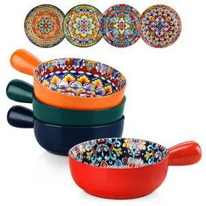 Soup Bowls with Handles, 23 Oz French Onion Soup Bowls Oven Safe, Bohemian Ceramic Soup Crocks for Cereal, Pasta, Beef Stew, Chilli, Microwave Dishwasher Safe-6.2 inch, Set of 4 Soup Bowls with Handles, 23 Oz French Onion Soup Bowls Oven Safe, Bohemian Ceramic Soup Crocks for Cereal, Pasta, Beef Stew, Chilli, Microwave Dishwasher Safe-6.2 inch, Set of 4