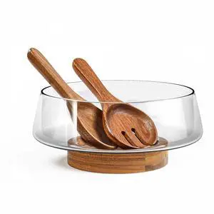 Extra Large Glass Salad Bowl Set - Party Salad Bowls with Acacia Wood Base and Serving Utensils - Elegant and Practical Kitchen Must-Have Extra Large Glass Salad Bowl Set - Party Salad Bowls with Acacia Wood Base and Serving Utensils - Elegant and Practical Kitchen Must-Have