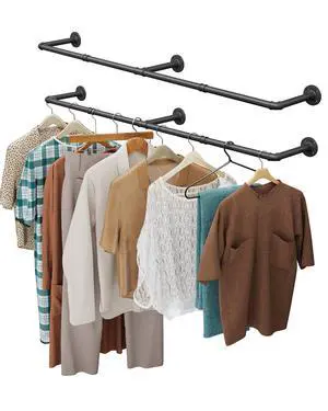 Clothes Rack, 65.7" Industrial Pipe Clothing Rack 2 Pack for Clothes, Wall Mounted Heavy Duty Space Saving Garment Rack for Closet Storage, Black, 3 Base Clothes Rack, 65.7" Industrial Pipe Clothing Rack 2 Pack for Clothes, Wall Mounted Heavy Duty Space Saving Garment Rack for Closet Storage, Black, 3 Base