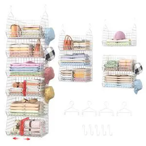 6 Tier Extra Large Hanging Closet Organizer, Closet Storage Hanging with Dividers, Wire Closet Shelf with 5 S Hooks 4 Dividers,Sweater Handbag Hat Accessory Storage Hanger,White 6 Tier Extra Large Hanging Closet Organizer, Closet Storage Hanging with Dividers, Wire Closet Shelf with 5 S Hooks 4 Dividers,Sweater Handbag Hat Accessory Storage Hanger,White