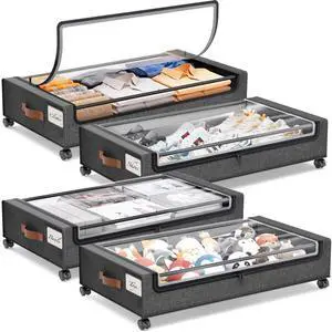 Under Bed Storage with Wheels, 4 Pack Under Bed Rolling Storage with Clear Window & Label, 60 L Underbed Storage Containers, Rolling Under Bed Metal Drawer for Clothes, Shoes, Books Under Bed Storage with Wheels, 4 Pack Under Bed Rolling Storage with Clear Window & Label, 60 L Underbed Storage Containers, Rolling Under Bed Metal Drawer for Clothes, Shoes, Books