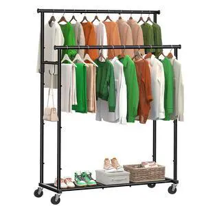 Double Rods Clothes Rack with Wheels Load 400 LBS, 45 Inch Rolling Clothing Rack for Hanging Clothes, Heavy Duty Garment Rack with Shelves, Metal Portable Closet, Black Double Rods Clothes Rack with Wheels Load 400 LBS, 45 Inch Rolling Clothing Rack for Hanging Clothes, Heavy Duty Garment Rack with Shelves, Metal Portable Closet, Black