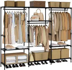 Clothes Rack, Portable Closet, 81.1 Inch Large Capacity Wardrobe Closet, Clothes Storage Organizer with Shelves and 3 Hanging Rods, Easy to Assembly, Black PCT033B01 Clothes Rack, Portable Closet, 81.1 Inch Large Capacity Wardrobe Closet, Clothes Storage Organizer with Shelves and 3 Hanging Rods, Easy to Assembly, Black PCT033B01