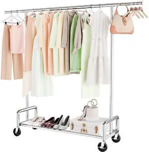 Heavy Duty Clothing Clothes Rack with Wheels for Hanging, Metal Rolling Garment Rack Organizer Load 500 LBS, Chrome Heavy Duty Clothing Clothes Rack with Wheels for Hanging, Metal Rolling Garment Rack Organizer Load 500 LBS, Chrome