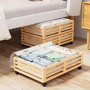 Bamboo Under Bed Storage Containers- Underbed Organizer with Wheels with Large Capacity Dust Bag,Sturdy Wood Rolling Under Bed Shoe Storage Organizer 2 Packs (Nature, 2 Packs (23.62"×16.54")) Bamboo Under Bed Storage Containers- Underbed Organizer with Wheels with Large Capacity Dust Bag,Sturdy Wood Rolling Under Bed Shoe Storage Organizer 2 Packs (Nature, 2 Packs (23.62"×16.54"))