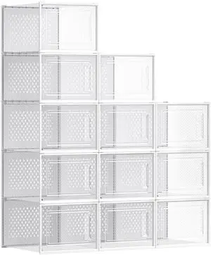 Shoe Boxes, Pack of 12 Shoe Storage Organizers, Stackable Clear Plastic Boxes for Closet, Sneakers, 13.1 x 9.9 x 7.4 Inches, Transparent and White ULSP12MWT Shoe Boxes, Pack of 12 Shoe Storage Organizers, Stackable Clear Plastic Boxes for Closet, Sneakers, 13.1 x 9.9 x 7.4 Inches, Transparent and White ULSP12MWT