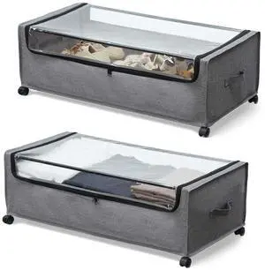 Under Bed Storage with Wheels, Rolling Under bed Storage with Metal Frame, Under Bed Shoe Storage for Space Saving, Zippered Clear Lid, Heavy-Duty Steel Base for Clothes Under Bed Storage with Wheels, Rolling Under bed Storage with Metal Frame, Under Bed Shoe Storage for Space Saving, Zippered Clear Lid, Heavy-Duty Steel Base for Clothes