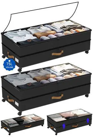 Under Bed Storage with Wheels 2-Pack, 75L XXL Under the Bed Storage Containers Large, 12" Tall Adjustable Storage for Underbed with Lids, Rolling for Clothes, Shoes, Blankets (Black) Under Bed Storage with Wheels 2-Pack, 75L XXL Under the Bed Storage Containers Large, 12" Tall Adjustable Storage for Underbed with Lids, Rolling for Clothes, Shoes, Blankets (Black)