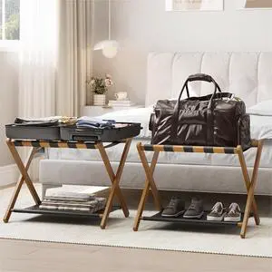 2 Pack Luggage Rack, Folding Luggage Rack for Guest Room, Walnut Bamboo Suitcase Stand Holds up to 131 lb, Luggage Stand with Storage Shelf for Hotel, Bedroom 2 Pack Luggage Rack, Folding Luggage Rack for Guest Room, Walnut Bamboo Suitcase Stand Holds up to 131 lb, Luggage Stand with Storage Shelf for Hotel, Bedroom