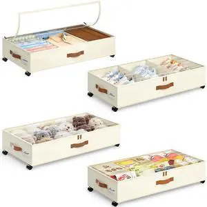 Under Bed Storage with Wheels, 4 Pack Under Bed Storage Containers with Adjustable Dividers & Clear Window, Rolling Underbed Organizer Bins Drawers for Clothes, Shoes, Blankets, Beige Under Bed Storage with Wheels, 4 Pack Under Bed Storage Containers with Adjustable Dividers & Clear Window, Rolling Underbed Organizer Bins Drawers for Clothes, Shoes, Blankets, Beige