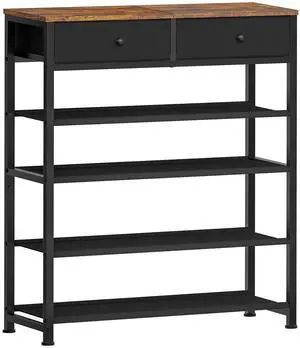 Shoe Rack, 5 Tier Shoe Storage Organizer with 2 Drawers, Metal Shoe Shelf for 12-16 Pairs of Shoes, with 4 Oxford Fabric Shelves and Wooden Top, Shoe Stand for Closet Entryway, Black Shoe Rack, 5 Tier Shoe Storage Organizer with 2 Drawers, Metal Shoe Shelf for 12-16 Pairs of Shoes, with 4 Oxford Fabric Shelves and Wooden Top, Shoe Stand for Closet Entryway, Black