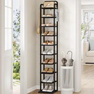 Vertical Shoe Rack, Shoe Shelves, Wood Shoe Organizer for Closet, Entryway, Shoe Tower for Small Spaces, Free Standing, Adjustable, with 2 Hooks, 10 Tier Black SR11204B Vertical Shoe Rack, Shoe Shelves, Wood Shoe Organizer for Closet, Entryway, Shoe Tower for Small Spaces, Free Standing, Adjustable, with 2 Hooks, 10 Tier Black SR11204B
