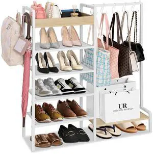 2-in-1 Shoe Rack for Closet with Purse Organizer, 5 Tier Shoes Shelf with Wooden Tray and Removable Shelves, Storage Organizer for Entryway, Garage, Hold Boots, Backpacks, White 2-in-1 Shoe Rack for Closet with Purse Organizer, 5 Tier Shoes Shelf with Wooden Tray and Removable Shelves, Storage Organizer for Entryway, Garage, Hold Boots, Backpacks, White