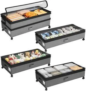 4 Pack Height-adjustable Under Bed Storage with Wheels, Under Bed Storage Containers,Under Bed Shoe Storage Organizer with Clear Window&Label, Suitable for Clothes Storage, Gray 4 Pack Height-adjustable Under Bed Storage with Wheels, Under Bed Storage Containers,Under Bed Shoe Storage Organizer with Clear Window&Label, Suitable for Clothes Storage, Gray