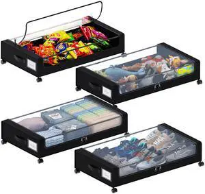 Under Bed Storage with Wheels, XXL 60L Under the Bed Storage Bins, Underbed Storage Containers with Lids & Label, Rolling Metal Drawer for Shoes, Clothes, Books, Toys (4-Pack Black) Under Bed Storage with Wheels, XXL 60L Under the Bed Storage Bins, Underbed Storage Containers with Lids & Label, Rolling Metal Drawer for Shoes, Clothes, Books, Toys (4-Pack Black)