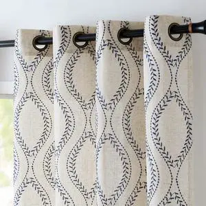 Boho Linen Blend Beige Farmhouse Curtains 84 Inch Length 2 Panels Set Blue Embroidered Leaf Living Room Ogee Geometry Drapes Light Filtering Curtains Grommet Blue on Flax Boho Linen Blend Beige Farmhouse Curtains 84 Inch Length 2 Panels Set Blue Embroidered Leaf Living Room Ogee Geometry Drapes Light Filtering Curtains Grommet Blue on Flax