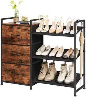 Shoe Rack, 3 Tier Shoe Organizer with 3 Drawers, Metal Shoe Storage Shelf for 6-9 Pairs of Shoes with Fabric Shelves and Wooden Top, Narrow Shoe Rack for Entryway, Wood Grain Print Shoe Rack, 3 Tier Shoe Organizer with 3 Drawers, Metal Shoe Storage Shelf for 6-9 Pairs of Shoes with Fabric Shelves and Wooden Top, Narrow Shoe Rack for Entryway, Wood Grain Print