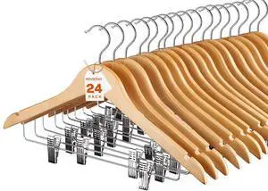24 Pack High-Grade Wooden Suit Hangers Skirt Hangers with Clips Solid Wood Pants Hanger Natural Smooth Finish Premium Wood Hanger with Durable Metal Clips for Blouse, Dress, Coat, Jacket 24 Pack High-Grade Wooden Suit Hangers Skirt Hangers with Clips Solid Wood Pants Hanger Natural Smooth Finish Premium Wood Hanger with Durable Metal Clips for Blouse, Dress, Coat, Jacket