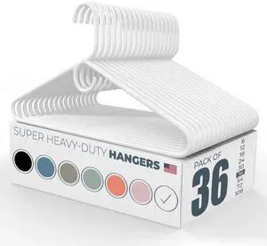 Super Heavy Duty Clothes Hangers 36 Pack Made in the USA - 10lb Capacity, Thick Plastic Hangers for Pants, Coats, Jackets, Jeans and Adult Clothing White Super Heavy Duty Clothes Hangers 36 Pack Made in the USA - 10lb Capacity, Thick Plastic Hangers for Pants, Coats, Jackets, Jeans and Adult Clothing White