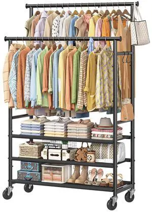 Double Rods Clothes Rack for Hanging Clothes, Rolling Clothing Rack with Wheels, 3-Tier Hanging Rack with Mesh Shelves, Holds 300 LBS for Bedroom, Laundry, Living Room, Black Double Rods Clothes Rack for Hanging Clothes, Rolling Clothing Rack with Wheels, 3-Tier Hanging Rack with Mesh Shelves, Holds 300 LBS for Bedroom, Laundry, Living Room, Black