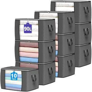 90 L Large Storage Bags, 10 Pack Clothes Storage Bins Foldable Closet Organizers Storage Containers with Reinforced Handle for Clothing, Blanket, Comforters, Bed Sheets, Pillows (Gray) 90 L Large Storage Bags, 10 Pack Clothes Storage Bins Foldable Closet Organizers Storage Containers with Reinforced Handle for Clothing, Blanket, Comforters, Bed Sheets, Pillows (Gray)
