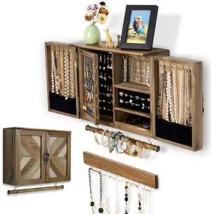 Wooden Jewelry Organizer Wall Mounted, Hanging Jewelry Holder with Removable Bracelet Rod and Hooks for Necklaces Earrings Bracelets Rings, Brown Wooden Jewelry Organizer Wall Mounted, Hanging Jewelry Holder with Removable Bracelet Rod and Hooks for Necklaces Earrings Bracelets Rings, Brown