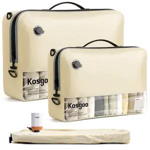 Vacuum Compression Packing Bags for Travel, Reusable Nylon Vacuum Bags with Pump, Expandable Luggage Organizer Set for Carry-On Suitcase Organizer (2 Pack with Pump, Beige) Vacuum Compression Packing Bags for Travel, Reusable Nylon Vacuum Bags with Pump, Expandable Luggage Organizer Set for Carry-On Suitcase Organizer (2 Pack with Pump, Beige)