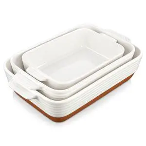 Casserole Dishes for Oven, Ceramic Baking Dishes Set of 3, Baking Pan Casserole Dish Set, Rectangular Lasagna Pan Deep with Handles for Baking, Khaki White (14.5''/13''/10.5''), Series TARA Casserole Dishes for Oven, Ceramic Baking Dishes Set of 3, Baking Pan Casserole Dish Set, Rectangular Lasagna Pan Deep with Handles for Baking, Khaki White (14.5''/13''/10.5''), Series TARA