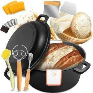 Cast Iron Dutch Oven for Bread Baking, 5 QT Pre-Seasoned Pot with Skillet Lid, Includes Sourdough Bread Baking Supplies, Cast Iron Pot for Frying, Braising, BBQ Cast Iron Dutch Oven for Bread Baking, 5 QT Pre-Seasoned Pot with Skillet Lid, Includes Sourdough Bread Baking Supplies, Cast Iron Pot for Frying, Braising, BBQ