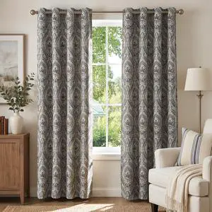 Linen Textured Curtains for Living Room Darkening 90 Inch Length, Medallion Drapes for Bedroom, Damask Pattern Window Treatments Vintage Curtain Panels, 2 Panels Blue on Greige Linen Textured Curtains for Living Room Darkening 90 Inch Length, Medallion Drapes for Bedroom, Damask Pattern Window Treatments Vintage Curtain Panels, 2 Panels Blue on Greige
