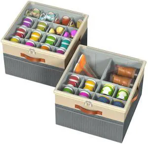 Shoe Organizer for Closet, 2 Pack Foldable Shoe Storage Organizer Box Bin with Adjustable Dividers and Clear Cover, Fits up to 16-32 PairsGrey&Beige Shoe Organizer for Closet, 2 Pack Foldable Shoe Storage Organizer Box Bin with Adjustable Dividers and Clear Cover, Fits up to 16-32 PairsGrey&Beige