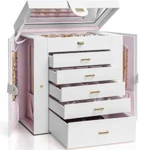 6-Tier Jewelry Box Organizer Functional 5 Drawers Leather Jewelry Storage Case for Women Girls Ring Necklace Earring Bracelet Holder Organizer with Mirror Extra Large White 6-Tier Jewelry Box Organizer Functional 5 Drawers Leather Jewelry Storage Case for Women Girls Ring Necklace Earring Bracelet Holder Organizer with Mirror Extra Large White