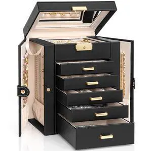 6-Tier Jewelry Box Lockable Leather Jewelry Storage Case with 5 Drawers for Women Girls Ring Necklace Earring Bracelet Holder Organizer with Mirror 6-Tier Jewelry Box Lockable Leather Jewelry Storage Case with 5 Drawers for Women Girls Ring Necklace Earring Bracelet Holder Organizer with Mirror