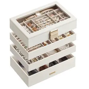 GISELLA Collection - Stackable Jewelry Trays, 4-Tier Jewelry Box, Drawer Jewelry Organizer, with Glass Lid, Removable Dividers, 6.7 x 11 x 7.2 Inches, Gift Idea, Cloud White UJBC164W01 GISELLA Collection - Stackable Jewelry Trays, 4-Tier Jewelry Box, Drawer Jewelry Organizer, with Glass Lid, Removable Dividers, 6.7 x 11 x 7.2 Inches, Gift Idea, Cloud White UJBC164W01