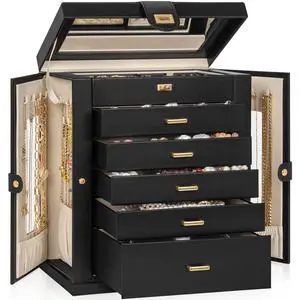 6-Tier Jewelry Box Organizer Functional 5 Drawers Leather Jewelry Storage Case for Women Girls Ring Necklace Earring Bracelet Holder Organizer with Mirror XL Black 360° Rotating 6-Tier Jewelry Box Organizer Functional 5 Drawers Leather Jewelry Storage Case for Women Girls Ring Necklace Earring Bracelet Holder Organizer with Mirror XL Black 360° Rotating