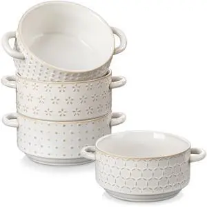 Ceramic Soup Bowls with Handles, 20oz French Onion Soup Bowls Oven & Microwave Safe for Soups, Stews & Desserts - Set of 4, Embossed Patterns Bowl Set - 5.5 Inch, Series LYDIA Ceramic Soup Bowls with Handles, 20oz French Onion Soup Bowls Oven & Microwave Safe for Soups, Stews & Desserts - Set of 4, Embossed Patterns Bowl Set - 5.5 Inch, Series LYDIA