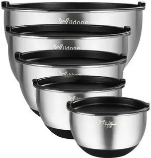 Mixing Bowls with Airtight Lids, Stainless Steel Nesting Mixing Bowls Set of 5, with Non-slip Silicone Bottoms, Size 8, 5, 3, 2, 1.5 QT, Stackable Design, Great for Mixing and Prepping Mixing Bowls with Airtight Lids, Stainless Steel Nesting Mixing Bowls Set of 5, with Non-slip Silicone Bottoms, Size 8, 5, 3, 2, 1.5 QT, Stackable Design, Great for Mixing and Prepping