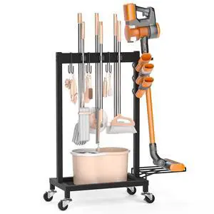 Broom Holder with Cleaning Supplies Organizer Load 160 LBS Cleaning Cart with Wheels Broom Closet Storage with 6 Mop Hanger Grippers, 3 Double-Hooks, Vacuum Stand for Laundry Garage Organization Broom Holder with Cleaning Supplies Organizer Load 160 LBS Cleaning Cart with Wheels Broom Closet Storage with 6 Mop Hanger Grippers, 3 Double-Hooks, Vacuum Stand for Laundry Garage Organization
