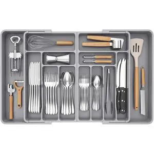 Silverware Drawer Organizer, Expandable BPA Free Plastic Utensil Tray for Kitchen, Adjustable Flatware Cutlery Holder for Spoons Forks Knives, 21.3- 36 x 16.9", Gray Silverware Drawer Organizer, Expandable BPA Free Plastic Utensil Tray for Kitchen, Adjustable Flatware Cutlery Holder for Spoons Forks Knives, 21.3- 36 x 16.9", Gray