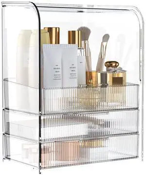3 Tier Clear Cosmetic Organizer, Makeup Display Case with Lid & Drawers, Countertop Dresser Vanity Storage Box, Beauty Holder for Skincare Lipstick Brush 3 Tier Clear Cosmetic Organizer, Makeup Display Case with Lid & Drawers, Countertop Dresser Vanity Storage Box, Beauty Holder for Skincare Lipstick Brush