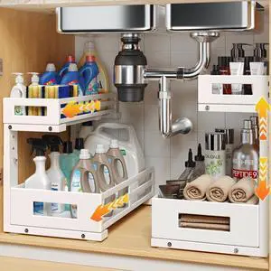 L-Shaped Metal Under Sink Organizer, 2-Tier Double Pull-Out Cabinet Organizer for Kitchen & Bathroom Storage, Height Adjustable, Smooth Cylinder Rail, White, 2 Packs L-Shaped Metal Under Sink Organizer, 2-Tier Double Pull-Out Cabinet Organizer for Kitchen & Bathroom Storage, Height Adjustable, Smooth Cylinder Rail, White, 2 Packs